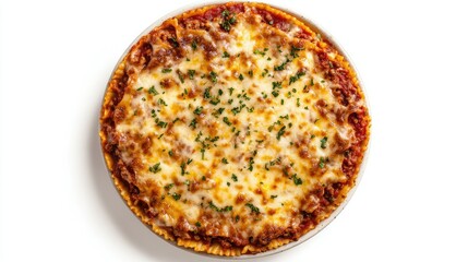 A top-down shot of lasagna with visible layers of pasta, thick meat sauce, and melted cheese, isolated on a white background, with the golden cheese top layer stealing the spotlight. -