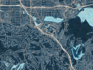 Painterly Style City Map of Universal City  California, USA in a Blue Color Scheme.