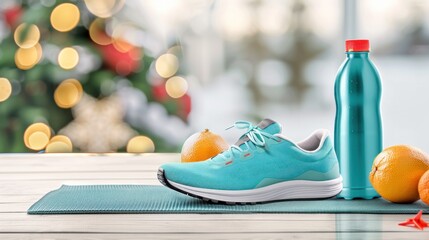 Turquoise athletic shoe and water bottle on yoga mat with oranges and festive lights in New Year