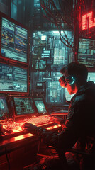 Obraz premium A person engages in advanced coding while wearing virtual reality goggles in a dimly lit tech environment with multiple screens and neon lights