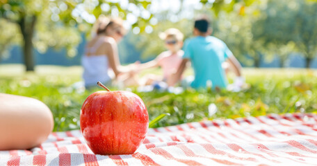 Close-up of red apple on picnic blanket with family relaxing in background. National Eat A Red Apple Day