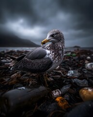 A seagull stands amidst a pile of plastic garbage on a beach.