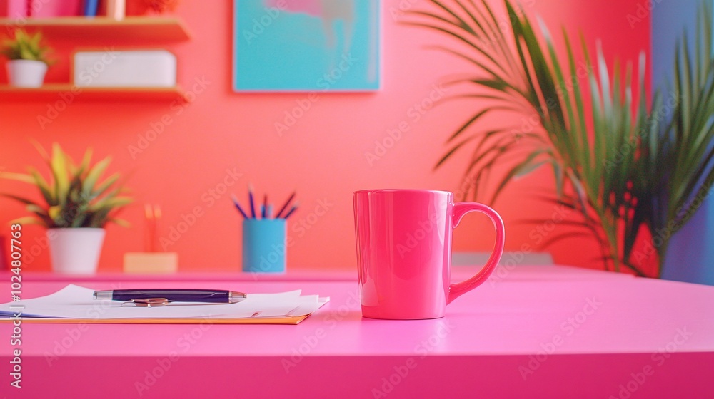 Poster worker sitting at a minimalist desk with documents and a coffee mug stock photo with side copy space