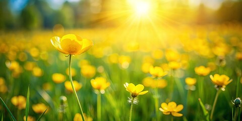 Fototapeta premium Golden Blooms Bask in the Soft Glow of the Setting Sun, a Symphony of Yellow Hues Against a Canvas of Verdant Grass