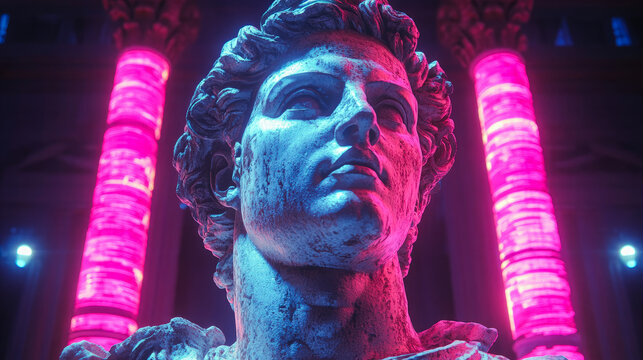 A striking stone bust set against vibrant neon lights, blending classical aesthetics with modern, futuristic digital art style.