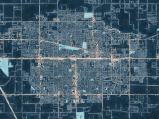 Painterly Style City Map of Visalia California, USA in a Blue Color Scheme.