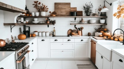 Modern kitchen interior with white cabinets, open wooden shelves, and autumn decor including pumpkins and dry leaves.