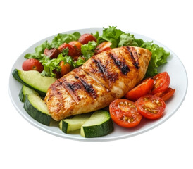 Grilled chicken breast served with colorful vegetables on a white plate during daytime