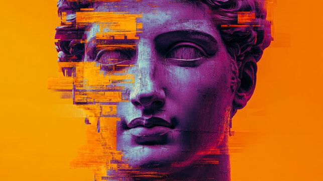 A classical statue's face creatively distorted with digital effects, symbolizing the fusion of tradition and modern digital artistry.