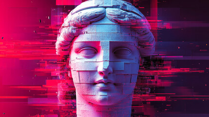 A fragmented classical bust entwined with digital glitch effects, representing the intersection of history and technology in art.