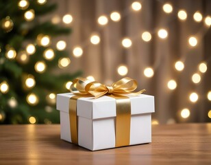 A small white gift box with a gold ribbon on a wooden table in front of a blurred Christmas tree with twinkling lights in the background.