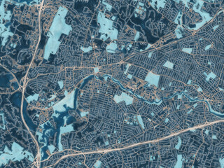 Painterly Style City Map of Waltham  Massachusetts, USA in a Blue Color Scheme.