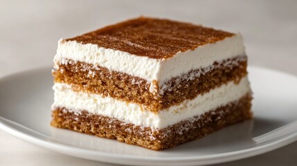 A visually appealing square slice of Medovik honey cake with creamy sour cream layers, neatly placed on a white plate, isolated for a sophisticated dessert presentation.