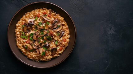 A visually appealing top view of rich mushroom risotto in a brown plate, surrounded by a dark slate backdrop, allowing for creative text overlay and showcasing the dishs delicious details.