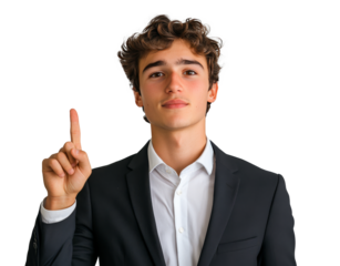 Young man in a black suit gestures confidently while pointing upwards in a neutral setting