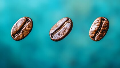 Three Roasted Coffee Beans Suspended in Mid-Air Against a Vibrant Turquoise Background