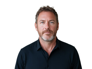 Obraz premium A man with a beard in a dark shirt poses confidently against a neutral background
