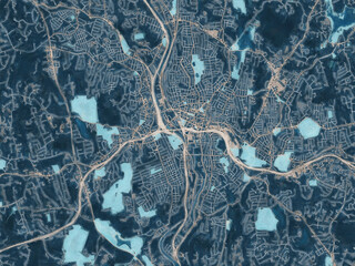 Painterly Style City Map of Waterbury Connecticut, USA in a Blue Color Scheme.