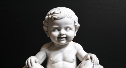 happy baby marble statue closeup on plain black background