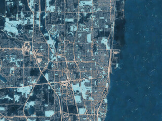 Painterly Style City Map of Waukegan  Illinois, USA in a Blue Color Scheme.