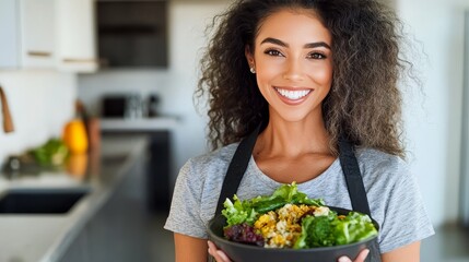 Naklejka premium Portrait of Happy Woman Holding a Bowl of Salad, Healthy Eating and Vegetarian Food Concept