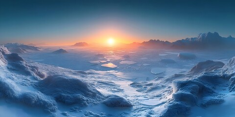 Fototapeta premium A breathtaking panoramic view of a frozen landscape with a glowing sunset over a range of mountains.