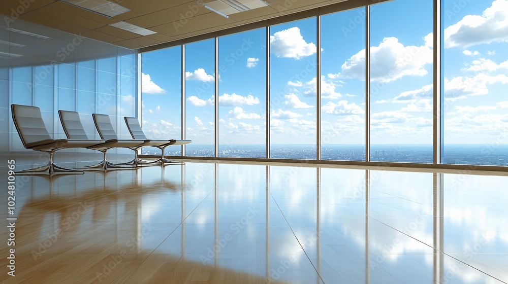 Poster team reviewing business plans in a bright and open meeting room with large windows stock photo with 