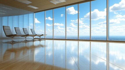 Fototapeta premium Team reviewing business plans in a bright and open meeting room with large windows Stock Photo with side copy space