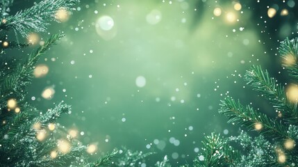 A serene winter scene featuring snow gently falling among evergreen branches with a soft glowing background