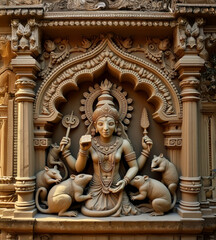 Fototapeta premium Happy New Year message. Marble carved wall in Karni mata Temple (rat temple) in India, Rajasthan. Greeting card with text and animals concept.