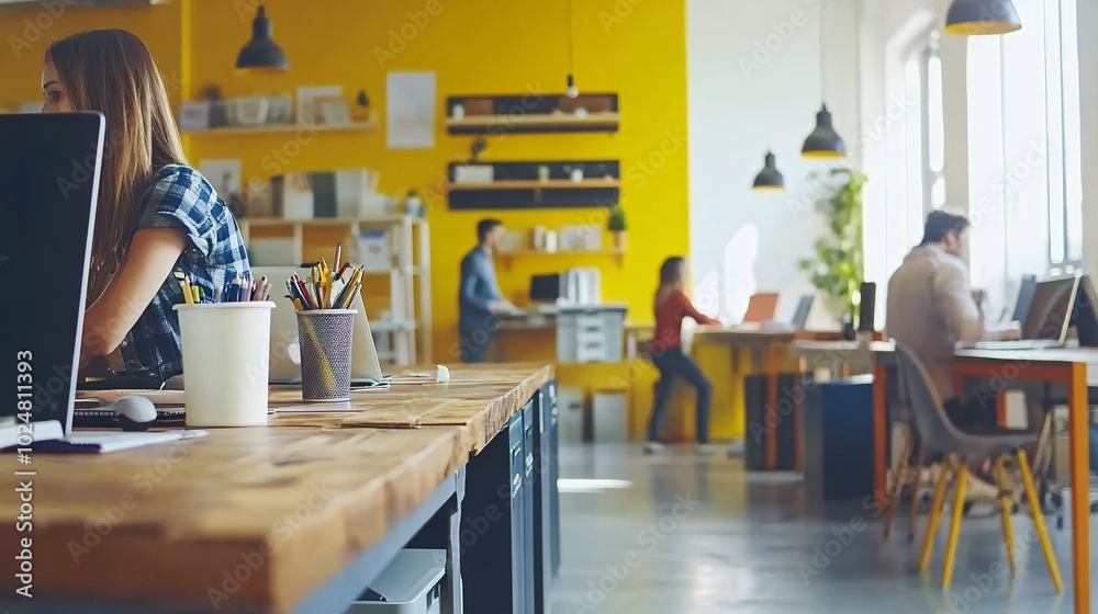 Poster professionals in a co-working space engaged in independent work while sharing a common area stock ph