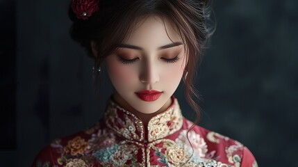 Fototapeta premium Elegant Hong Kong Woman in Traditional Cheongsam