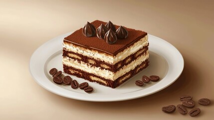 An artistic view of a Tiramisu dessert, highlighting its delectable layers of cocoa and mascarpone cream, served on a pristine plate that enhances the dessert's rich and inviting appearance.