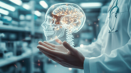 Researcher's hands holding a floating skeletal model, in a clean futuristic lab 