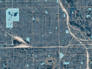 Painterly Style City Map of West Town  Illinois, USA in a Blue Color Scheme.