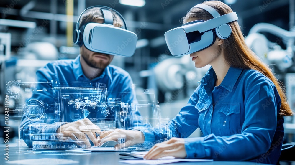Poster Employees using advanced technology like interactive touch screens and VR headsets during a project discussion Stock Photo with side copy space
