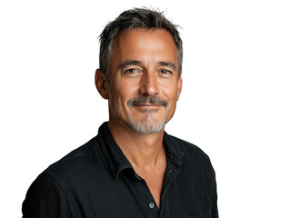 Obraz premium Portrait of a mature man with a beard wearing a black shirt against a neutral background