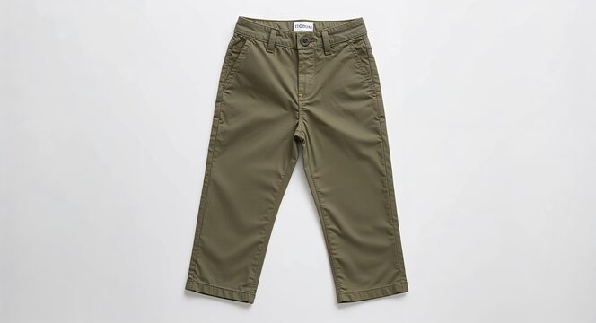 Medium khaki chinos for kid boys with front pockets on plain white background