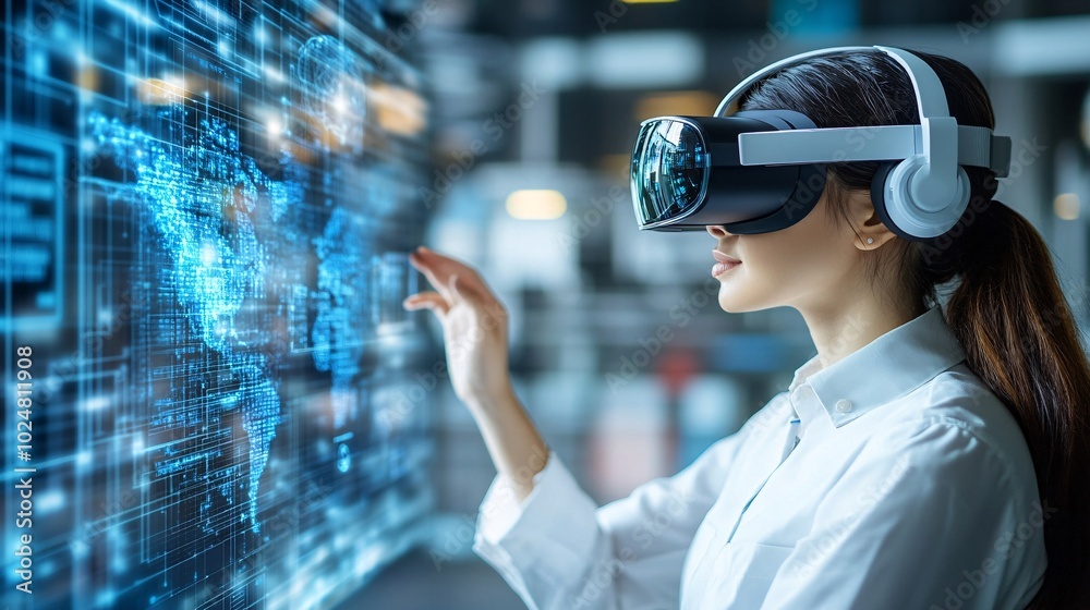 Poster Employees using advanced technology like interactive touch screens and VR headsets during a project discussion Stock Photo with side copy space