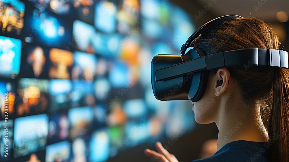 Poster employees using advanced technology like interactive touch screens and vr headsets during a project 