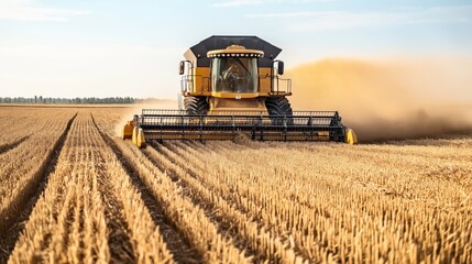 Large yellow combine harvester actively working in a vast golden wheat field during harvest season under a clear blue sky