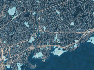 Painterly Style City Map of Westport Connecticut, USA in a Blue Color Scheme.