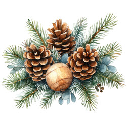 Fototapeta premium Winter pine arrangement with cones, berries, and green foliage for festive decor