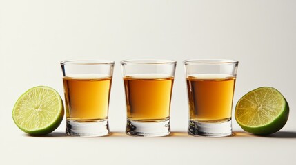 Three Tequila Shots with Lime on a Light Background