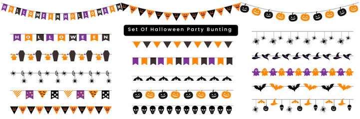 Set Of Halloween Party Bunting. Cute Halloween Garland Bunting Set. Jack O Lantern, Pumpkins and Bats. decor vector element