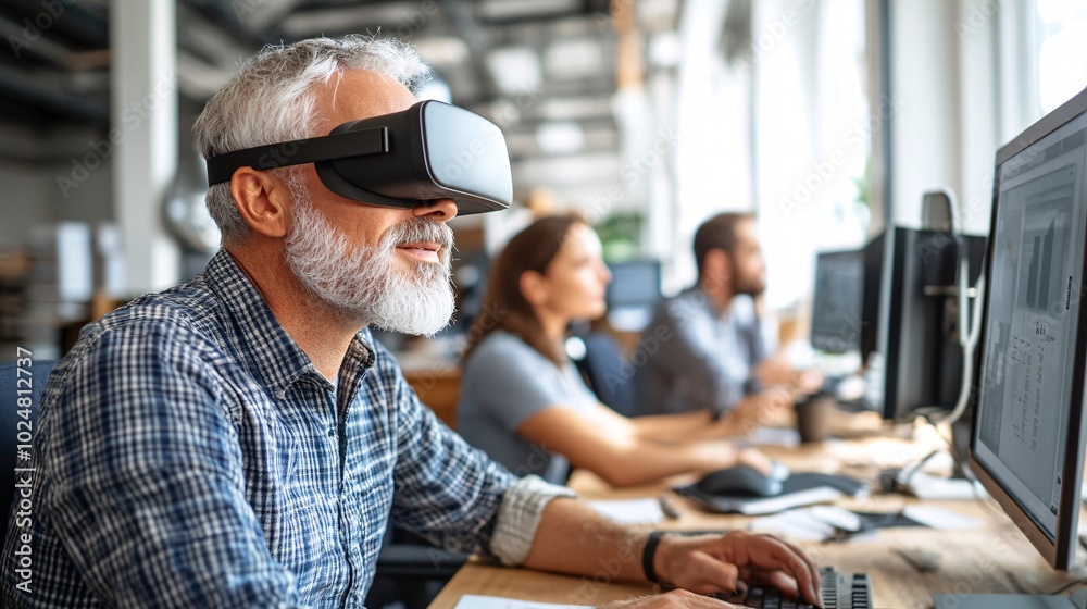 Poster Office staff using virtual reality technology to visualize data and concepts Stock Photo with side copy space