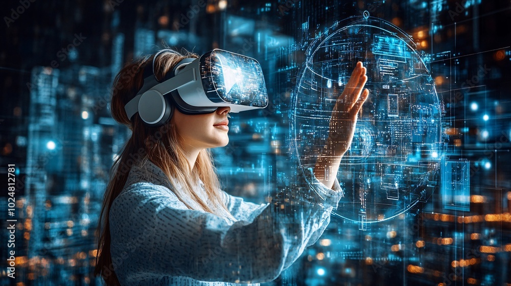 Poster Office staff using virtual reality technology to visualize data and concepts Stock Photo with side copy space
