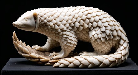 Fototapeta premium Pangolin marble statue closeup on plain black background