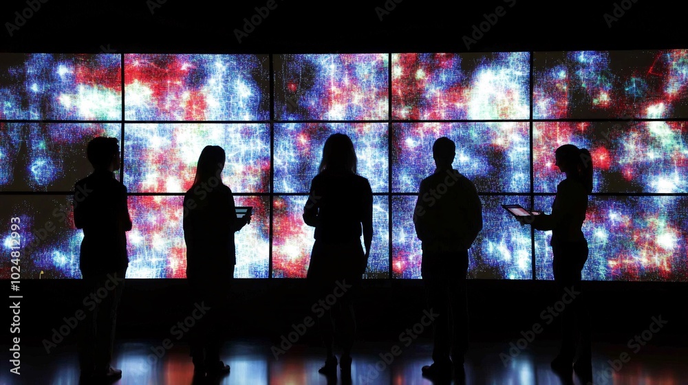 Poster Employees interacting with a large touch screen display to analyze business data in real time Stock Photo with side copy space