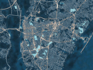 Painterly Style City Map of Wilmington North Carolina, USA in a Blue Color Scheme.